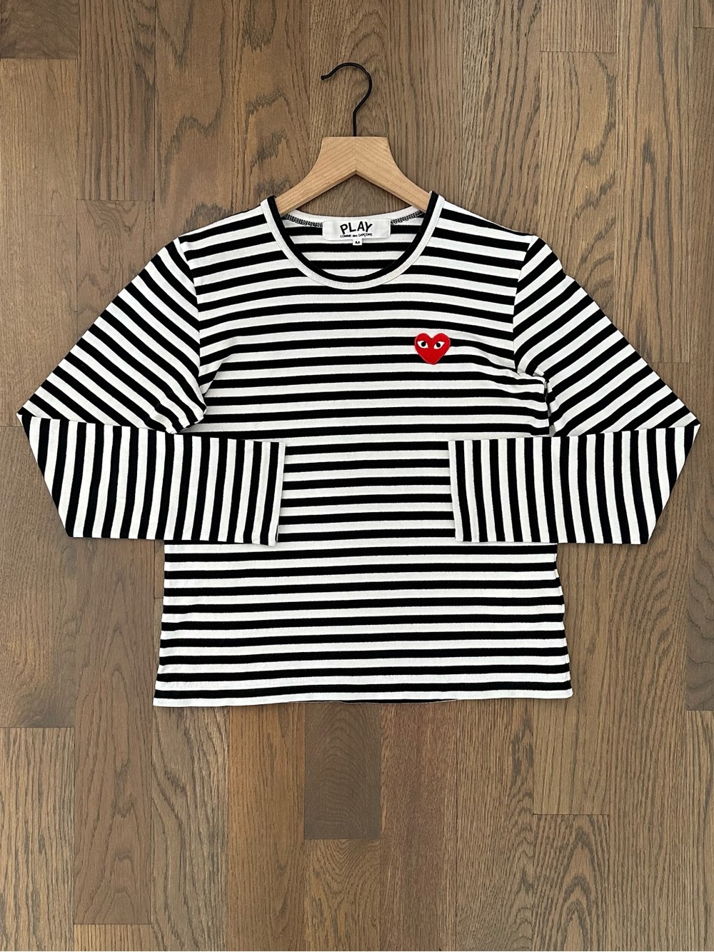 Comme des Garcons PLAY Striped Cotton Red Emblem Tee Black and White Medium
